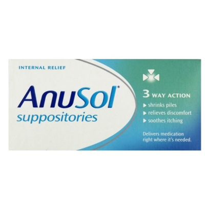 Anusol suppositories packaging with blue and white design on a white background