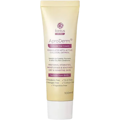 Tube of fontus derma AproDerm Colloidal Oat Cream on a white background