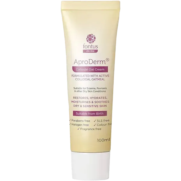 Tube of fontus derma AproDerm Colloidal Oat Cream on a white background