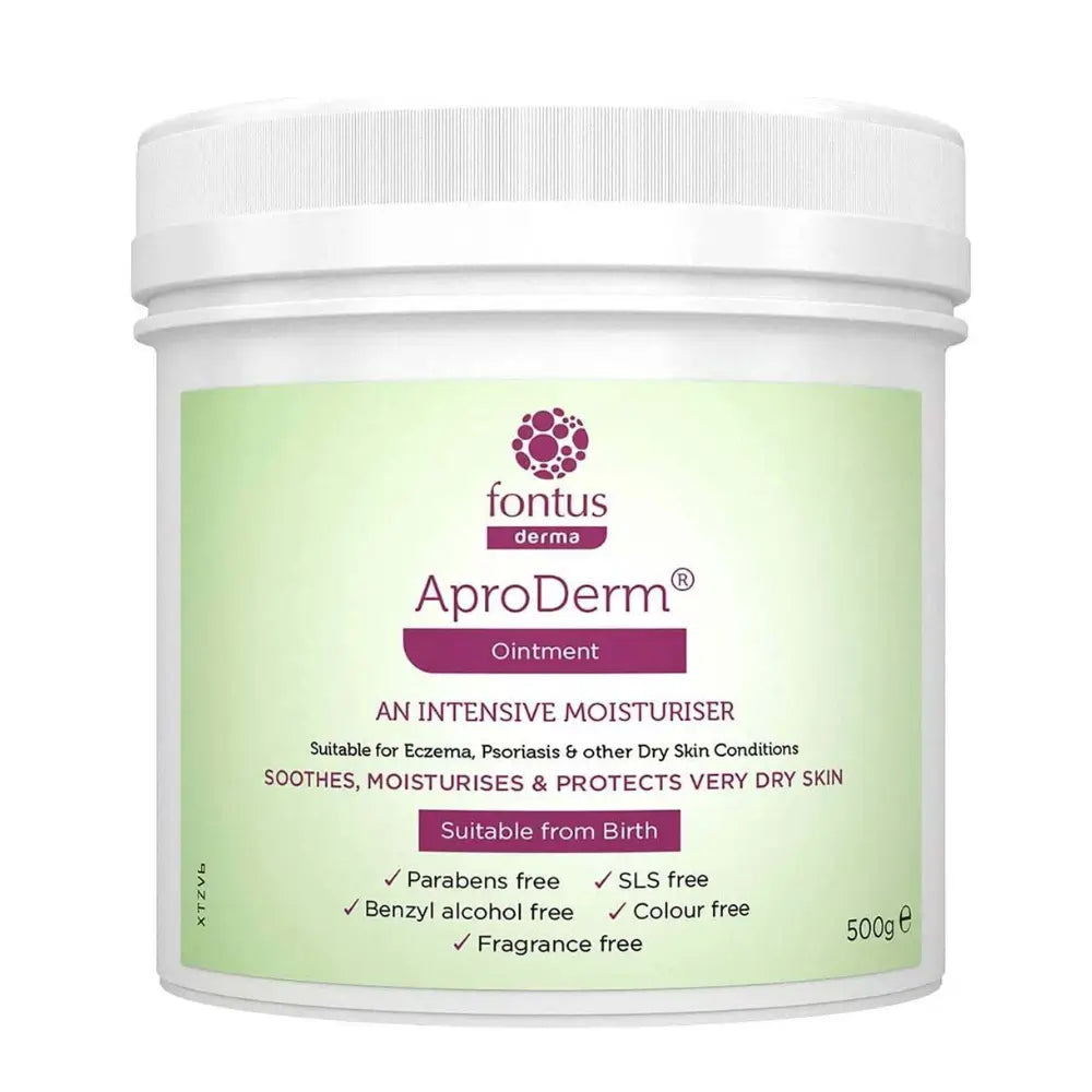 Jar of fontus derma AproDerm ointment 500g with green label on a white background