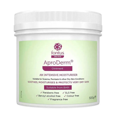 Jar of fontus derma AproDerm ointment 500g with green label on a white background