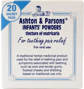 Box of Ashton & Parsons Infants' Powders for teething pain relief with baby illustration.