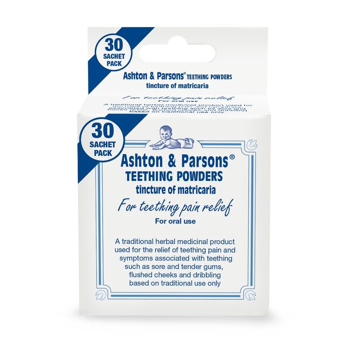Packaging of Ashton & Parsons teething powders on a white background 30 Sachets