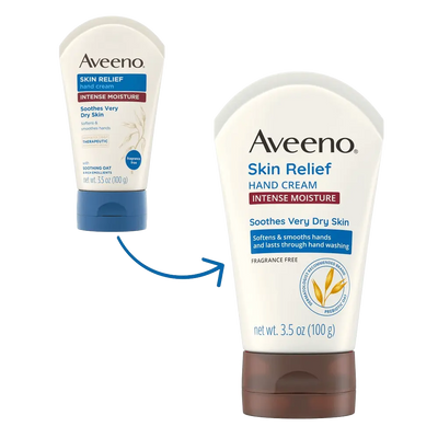 Aveeno Skin Relief Hand Cream with intense moisture for very dry skin, fragrance-free.