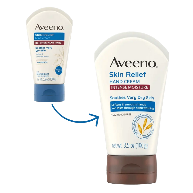 Aveeno Skin Relief Hand Cream with intense moisture for very dry skin, fragrance-free.