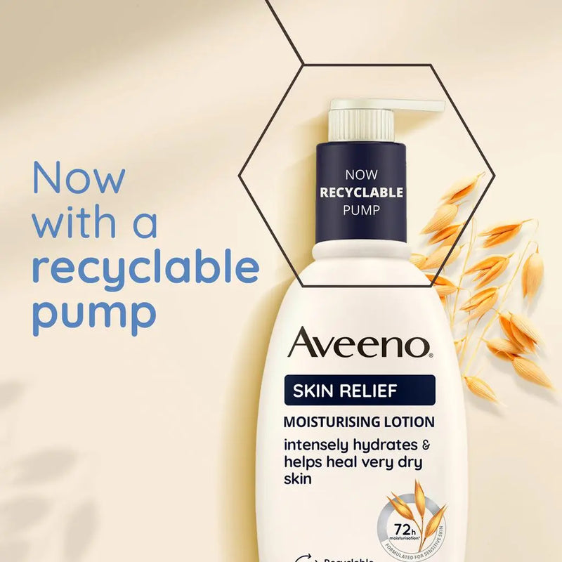 Aveeno Skin Relief Lotion now with a recyclable pump for very dry skin, 72h hydration.