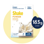 Aymes banana-flavored shake powder package with protein content information.