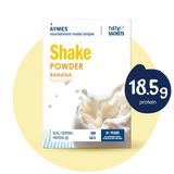 Aymes banana-flavored shake powder package with protein content information.