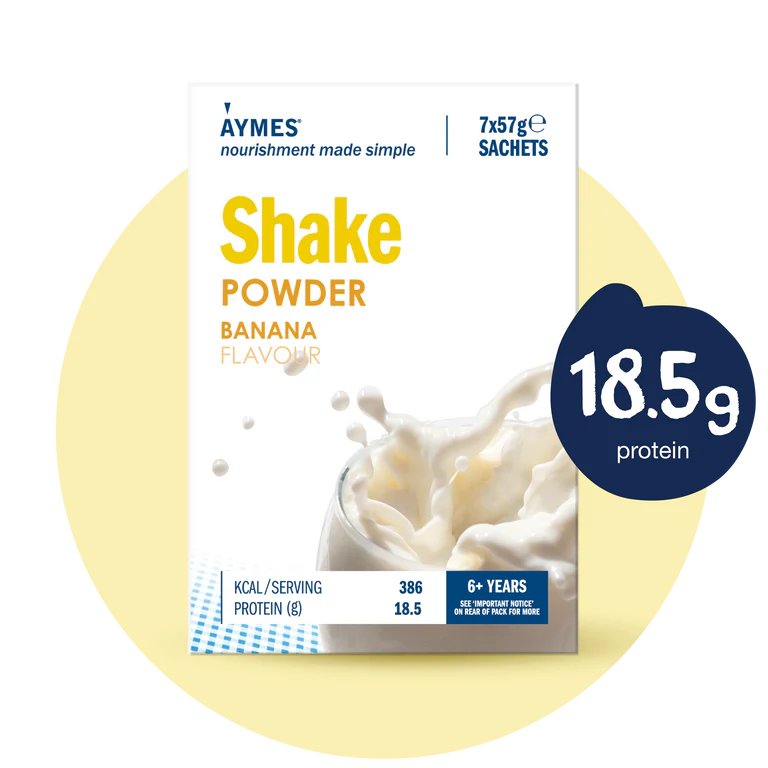 Aymes banana-flavored shake powder package with protein content information.