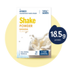 Aymes banana-flavored shake powder package with protein content information.