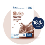 Aymes chocolate protein shake powder packaging with nutritional information.