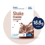 Aymes chocolate protein shake powder packaging with nutritional information.