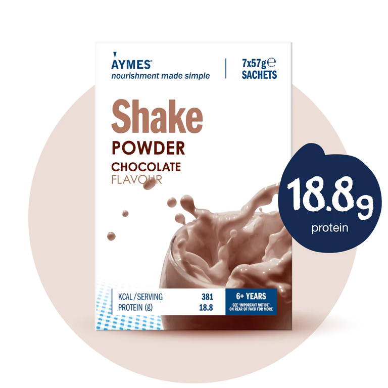 Aymes chocolate protein shake powder packaging with nutritional information.