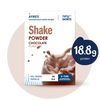 Aymes chocolate protein shake powder packaging with nutritional information.