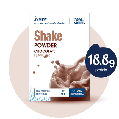 Aymes chocolate protein shake powder packaging with nutritional information.