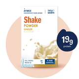 Aymes ginger-flavored shake powder package with protein content label on a white background