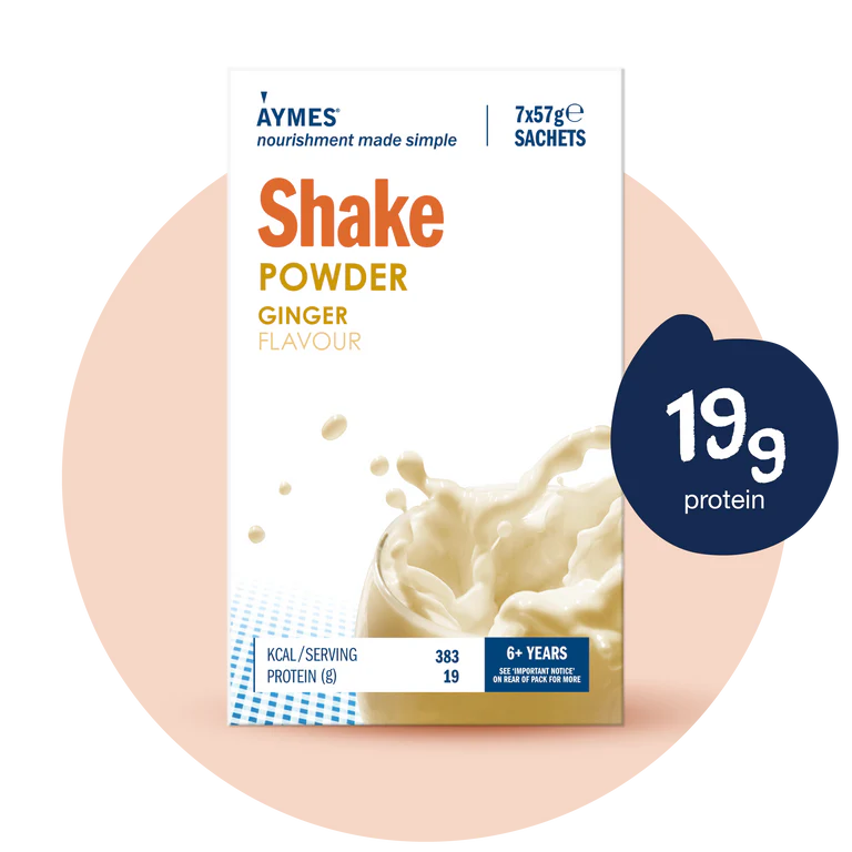 Aymes ginger-flavored shake powder package with protein content label on a white background