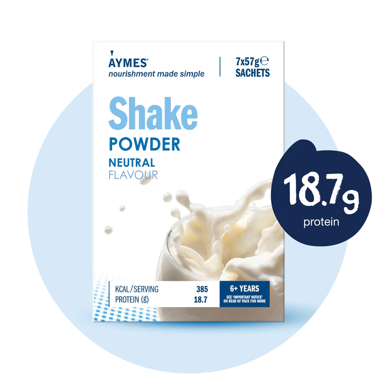 Aymes Shake Powder Neutral Flavour package with protein content information on a white background