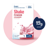 Aymes Strawberry Flavour Shake Powder 7x57g sachets package with protein content information on a white background