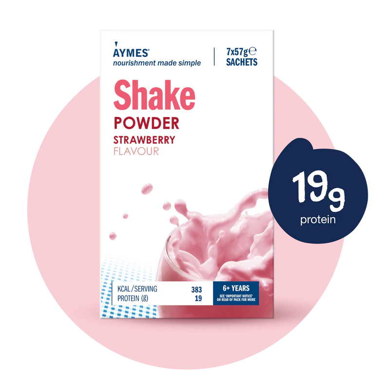 Aymes Strawberry Flavour Shake Powder 7x57g sachets package with protein content information on a white background