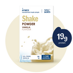 Aymes Vanilla Protein Shake Powder package with protein content highlighted