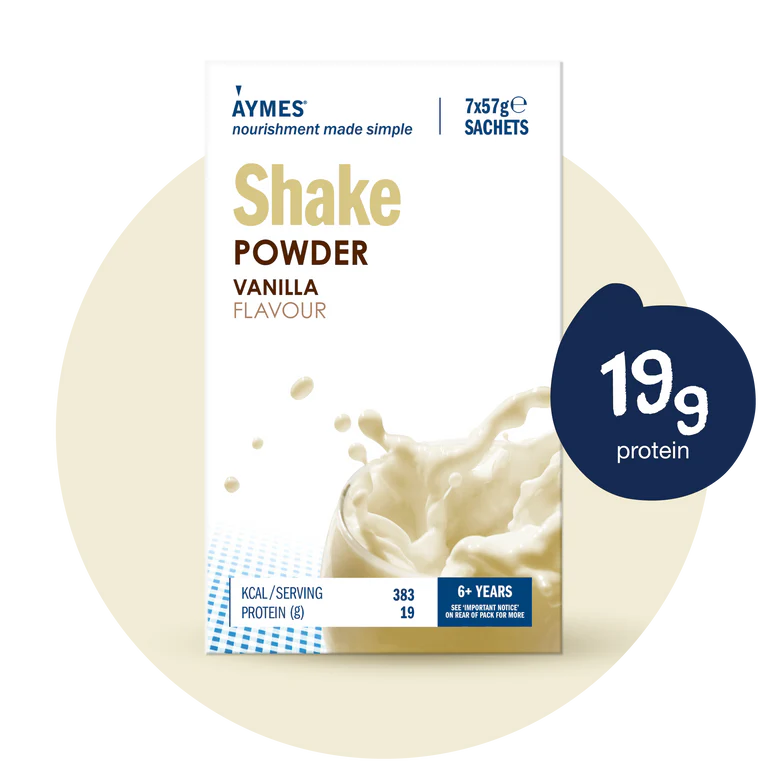 Aymes Vanilla Protein Shake Powder package with protein content highlighted