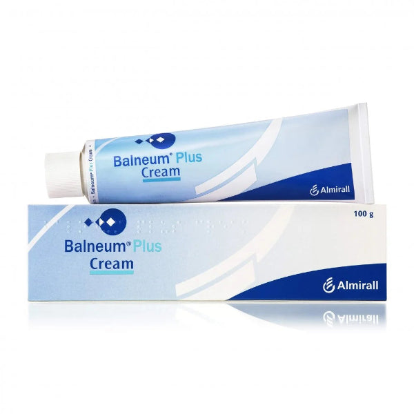 Balneum Plus Cream tube 100g and packaging on a white background