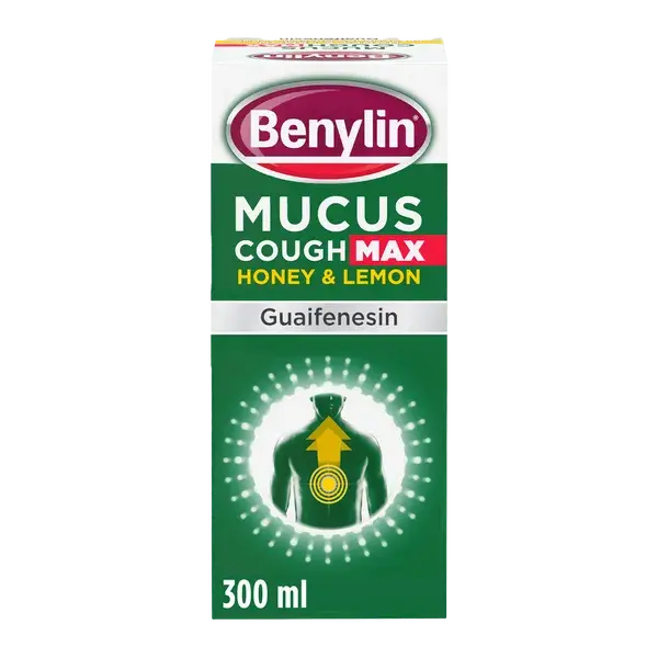 Benylin Mucus Cough Max Honey & Lemon packaging on a white background