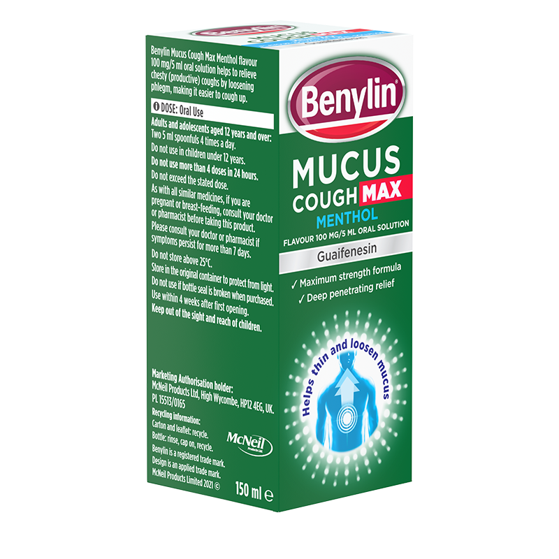 Benylin Mucus Cough Max Menthol packaging on a white background