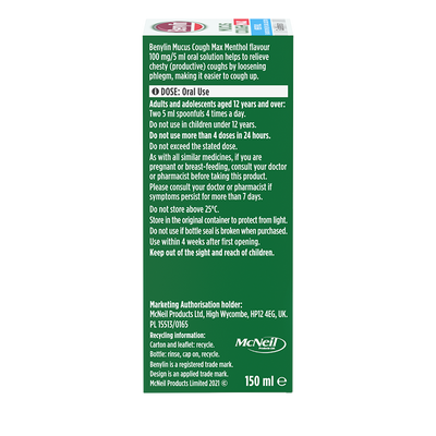 Green box of Benylin Mucus Cough Max Menthol solution with text on a white background