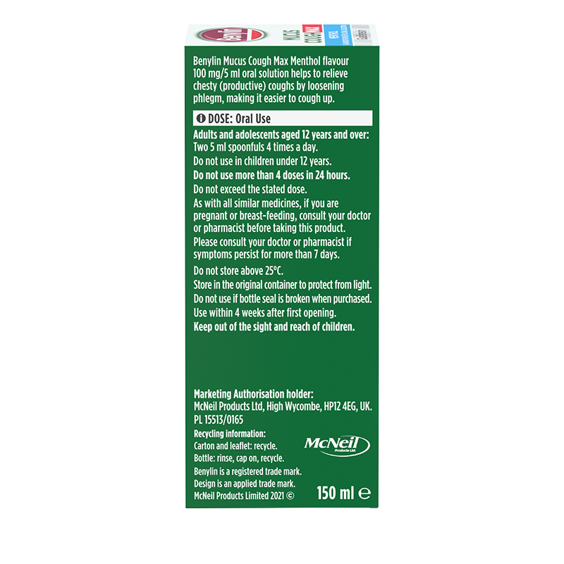 Green box of Benylin Mucus Cough Max Menthol solution with text on a white background