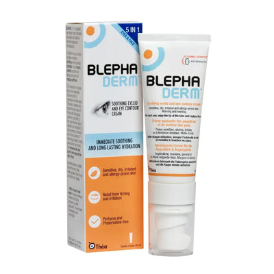 Blephar Derm soothing eyelid and eye contour cream shown with its retail box and squeeze tube on a plain white background.