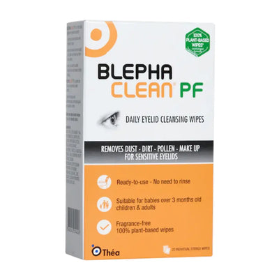 Blepha Clean PF daily eyelid cleansing wipes box by Théa, featuring a white and orange design with product details and a 100% plant-based wipes badge.