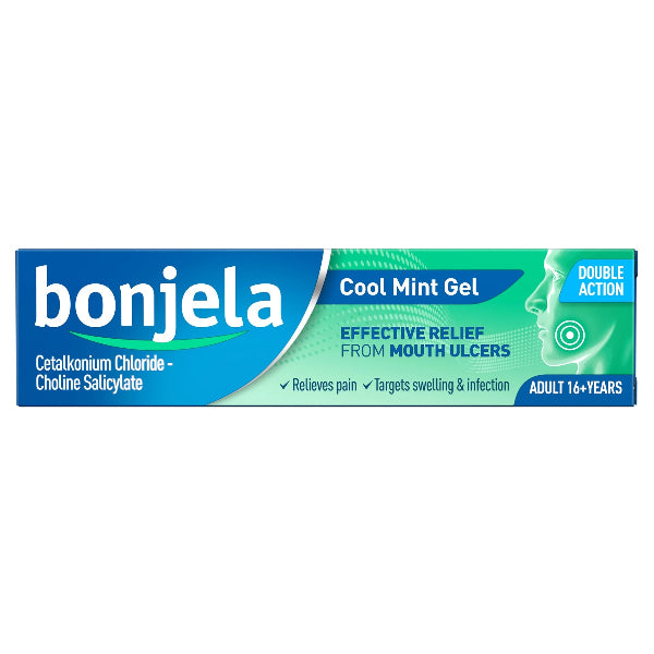 Bonjela Cool Mint Gel 15g tube with soothing mint formula for mouth sores.