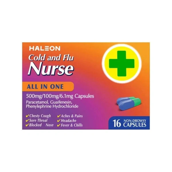 Box of Haleon Cold and Flu Nurse medication on a white background