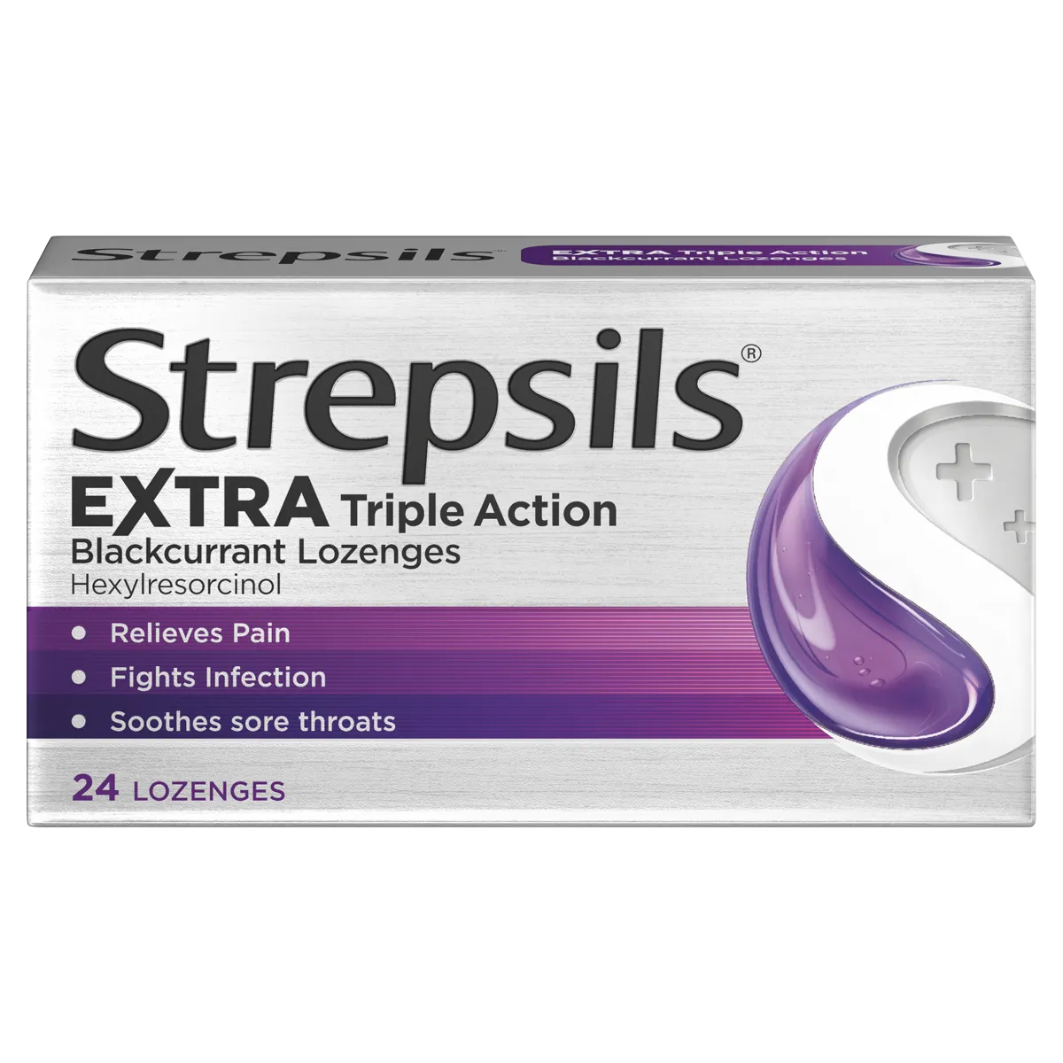 Box of Strepsils Extra Triple Action Blackcurrant lozenges on a white background