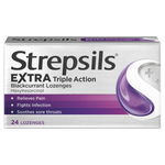 Box of Strepsils Extra Triple Action Blackcurrant lozenges on a white background