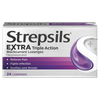 Box of Strepsils Extra Triple Action Blackcurrant lozenges on a white background