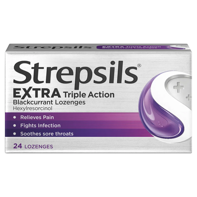 Box of Strepsils Extra Triple Action Blackcurrant lozenges on a white background