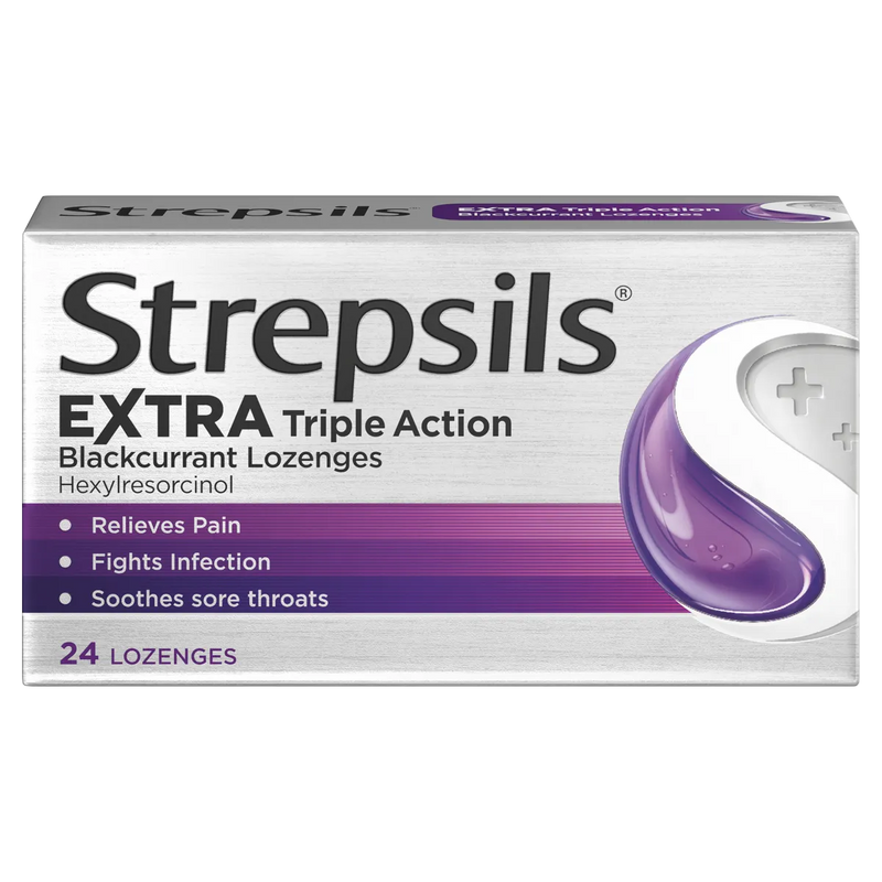 Box of Strepsils Extra Triple Action Blackcurrant lozenges on a white background