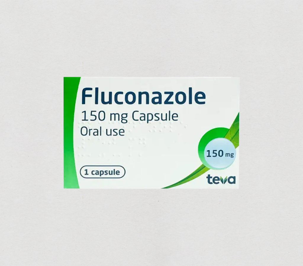 A white and green box of Fluconazole 150 mg capsules, with the Teva brand logo visible, set against a light gray background.