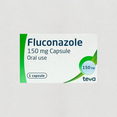 A white and green box of Fluconazole 150 mg capsules, with the Teva brand logo visible, set against a light gray background.