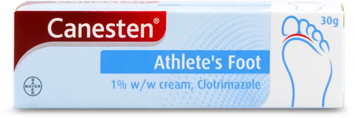 Canesten Cream 1% P-Line tube, showing the product label and a white background.