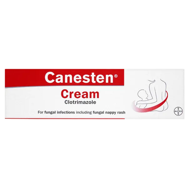 Canesten Clotrimazole Cream packaging with red and white design on a white background