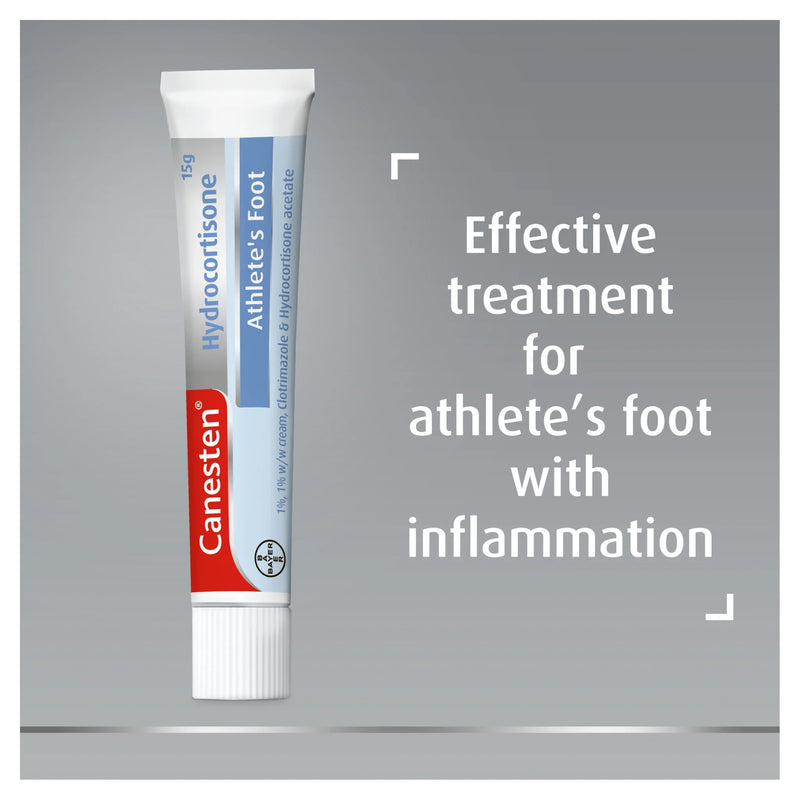 Canesten tube for athlete's foot on a gray background with text about its effectiveness.