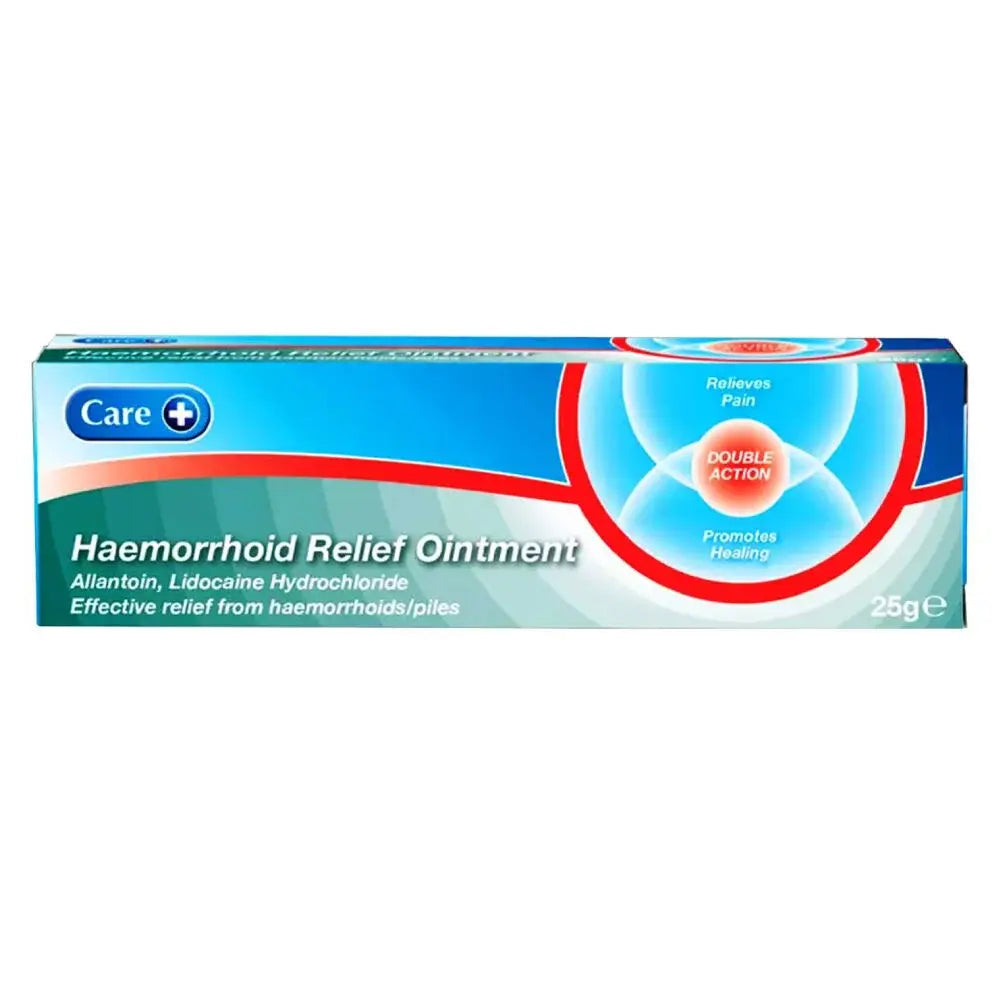 Care Haemorrhoid Relief Ointment 25g (tube & box): Care Haemorrhoid Relief Ointment 25g tube on top of its box.