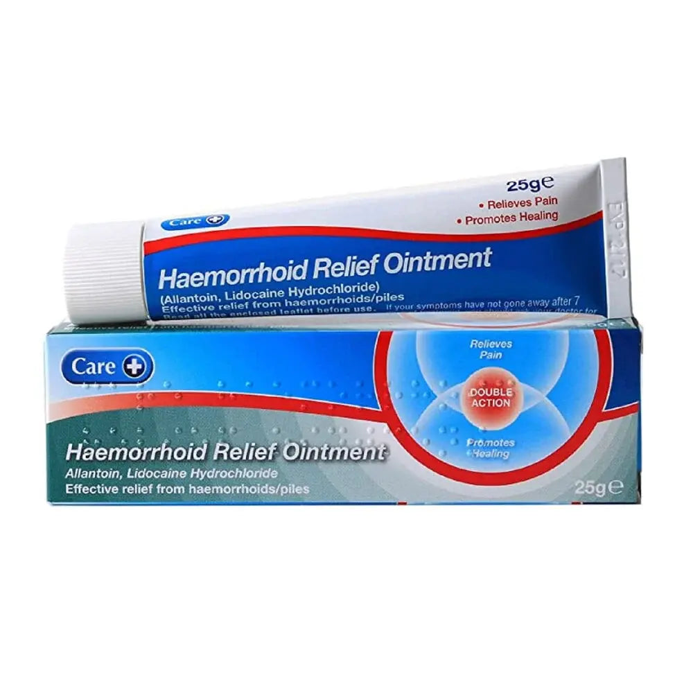 Care Haemorrhoid Relief Ointment 25g (tube & box): Care Haemorrhoid Relief Ointment 25g tube on top of its box.