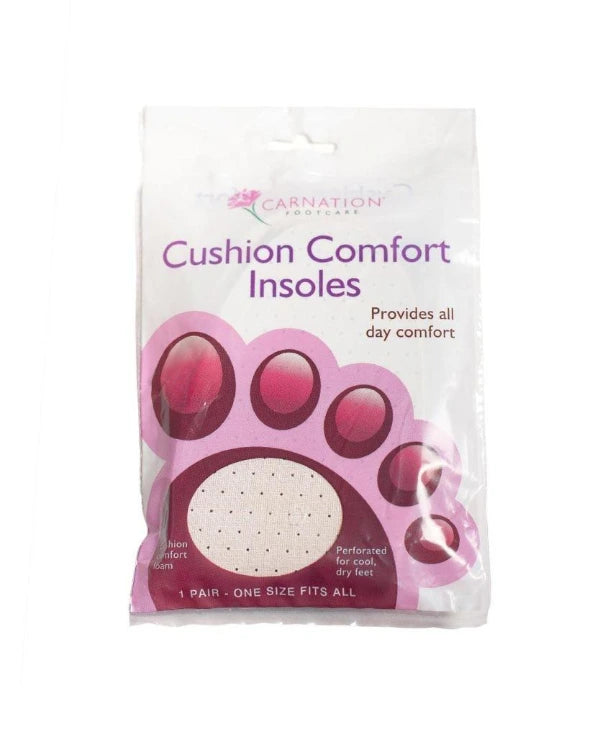 Carnation Cushion Comfort Insoles packaging with foam and perforation details.