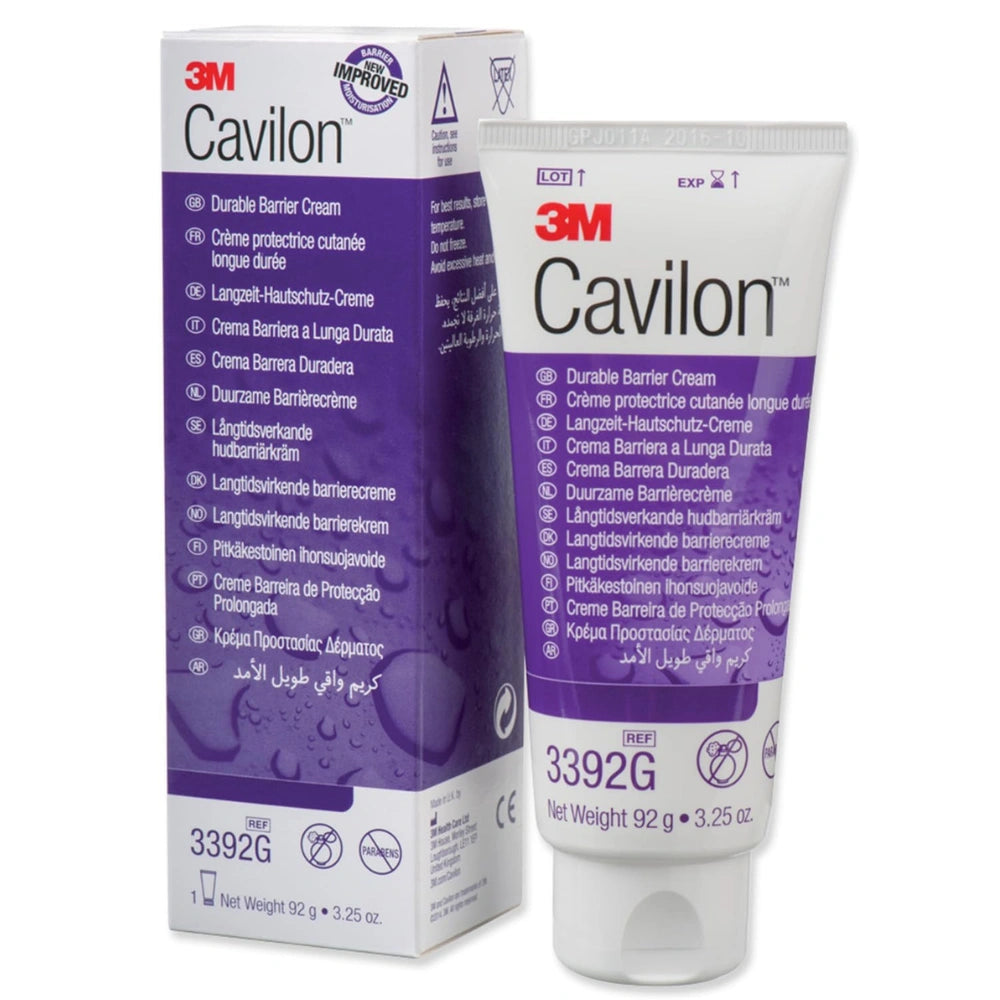 3M Cavilon Durable Barrier Cream shown in its retail box and matching squeeze tube packaging, featuring a white and purple design with product details.