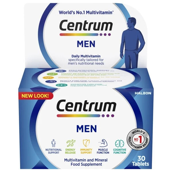 Centrum Men 30 tablets multivitamins for men’s nutritional support, energy, immunity, and muscle health.